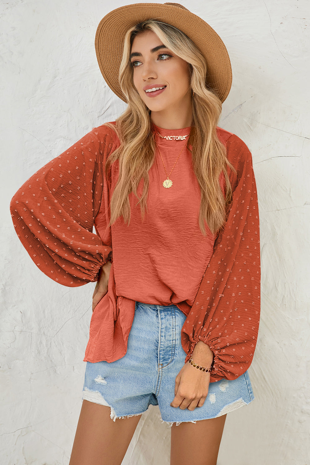 Russet Orange Swiss Dot Balloon Sleeve Patchwork Crinkle Blouse - LODIMAE FASHION 