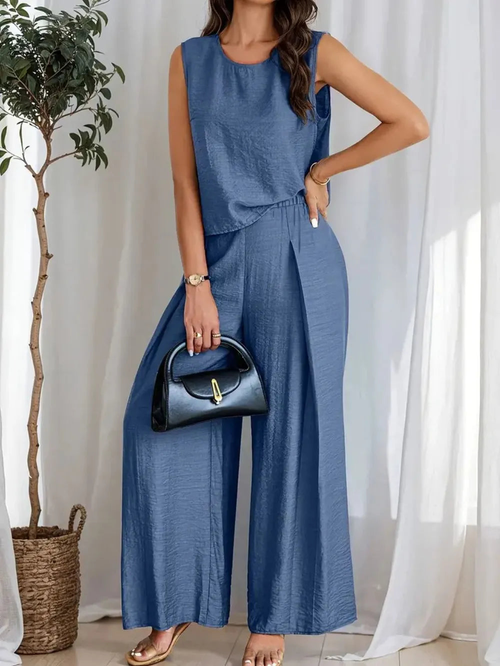 Round Neck Sleeveless Top and Wide Leg Pants Set - LODIMAE FASHION 