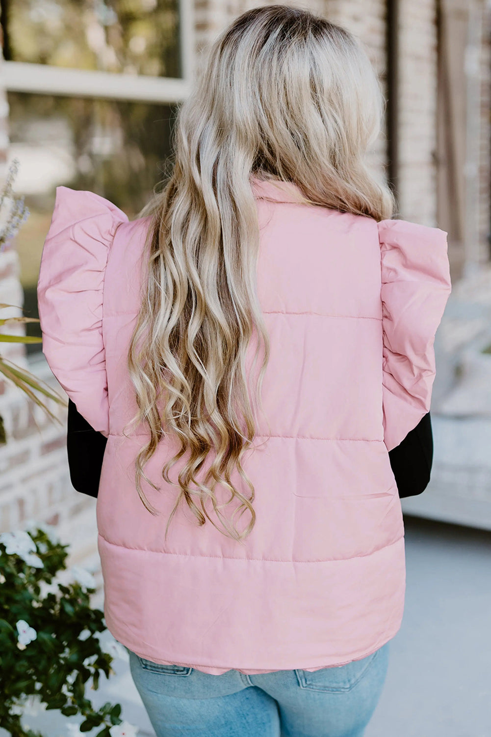 Pink Stand Neck Flutter Sleeve Snap Button Puffer Vest - LODIMAE FASHION 