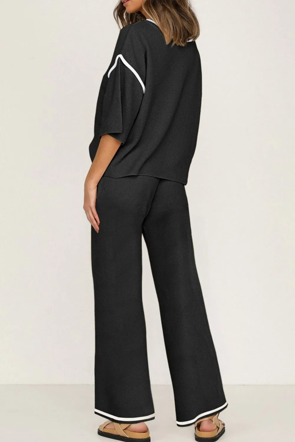 Contrast Trim Round Neck Top and Pants Set - LODIMAE FASHION 