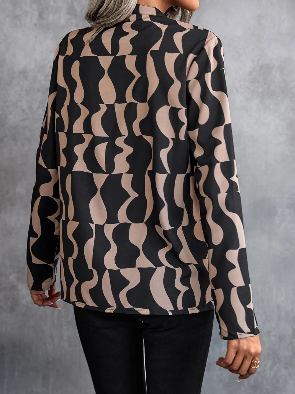 Printed Notched Long Sleeve Blouse - LODIMAE FASHION 
