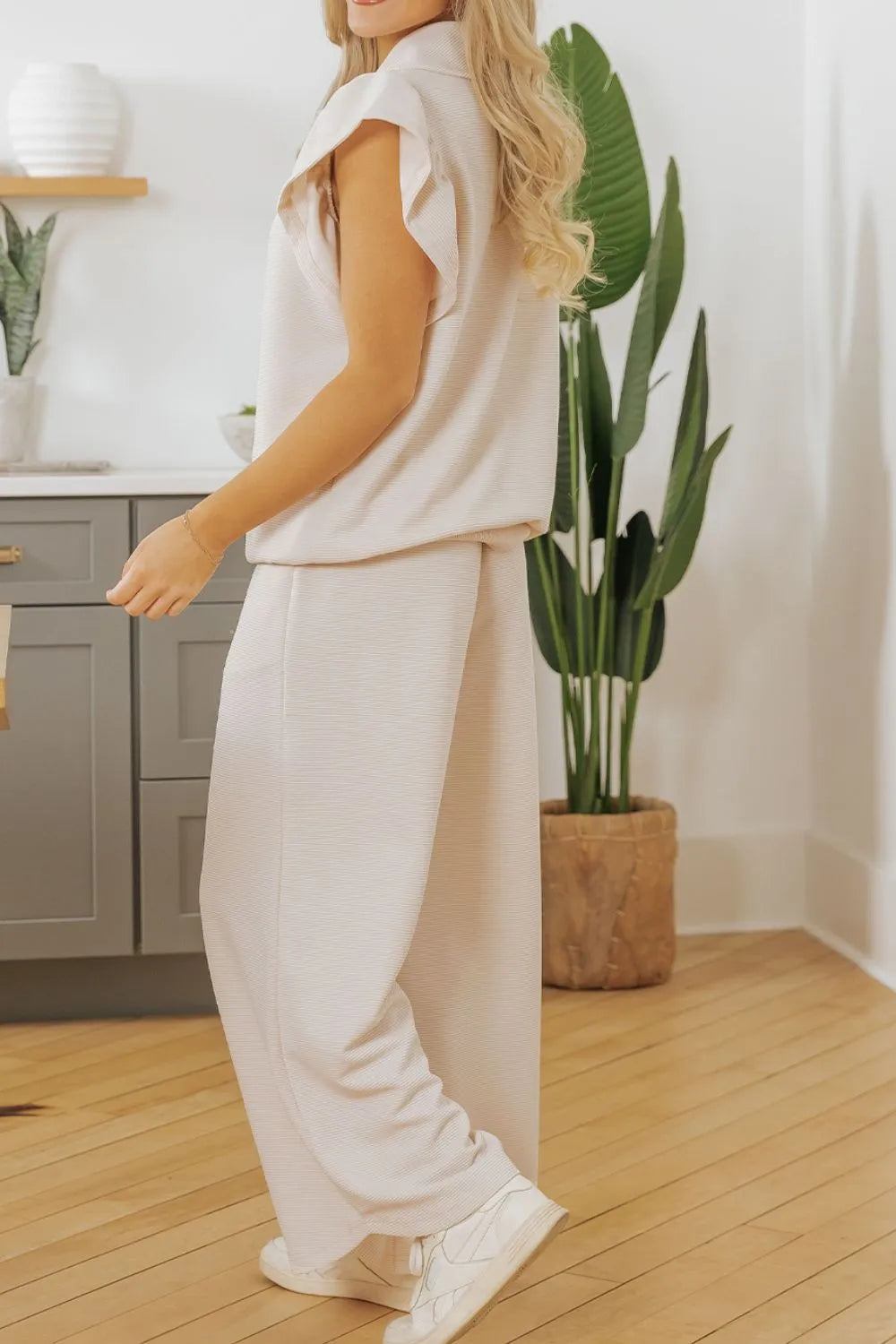 Textured Ruffled Sleeve Zipped Top and Wide Leg Pants Set - LODIMAE FASHION 