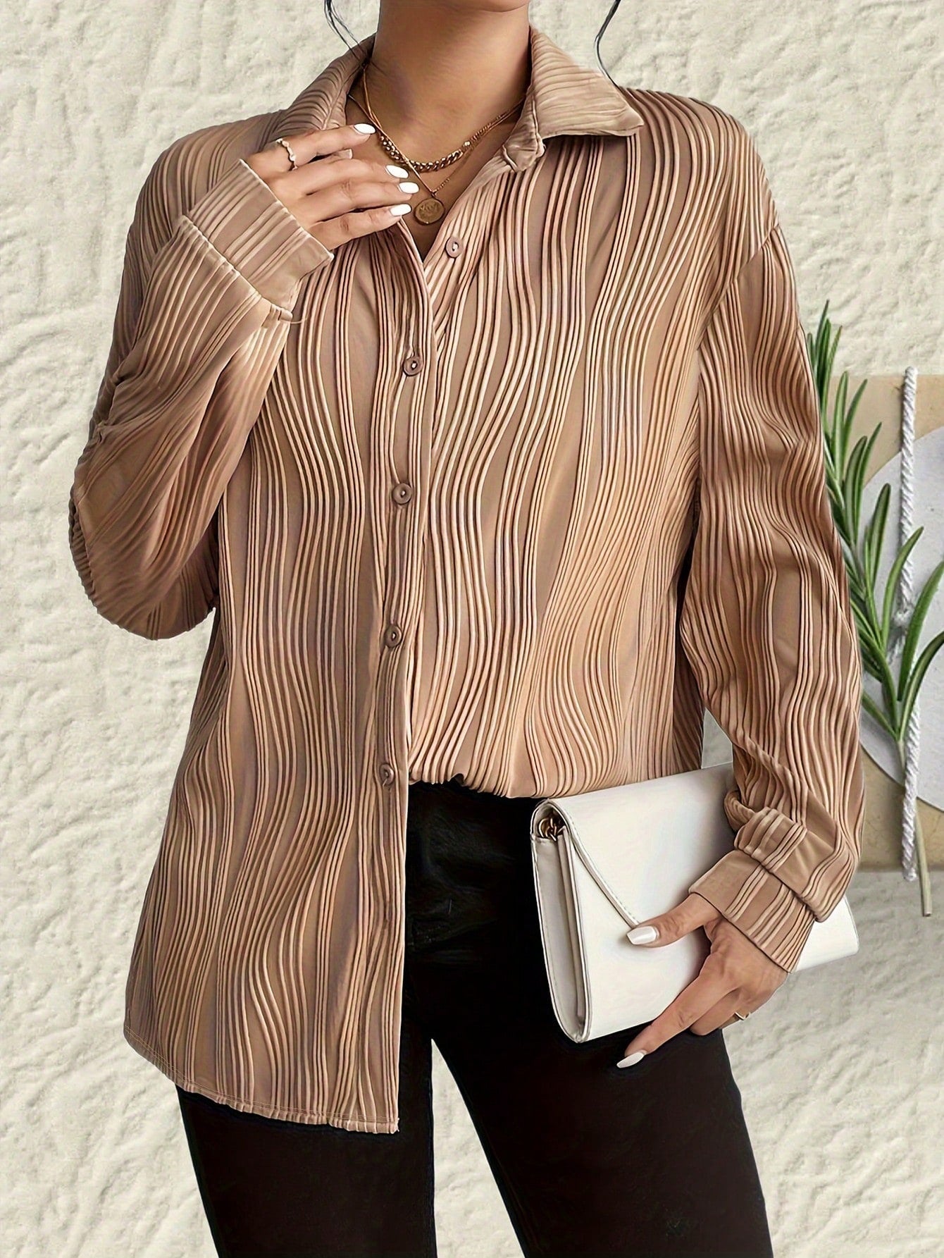 Fashionable Women's Plus Size Shirt With Fold-down Collar And Button Texture - LODIMAE FASHION 
