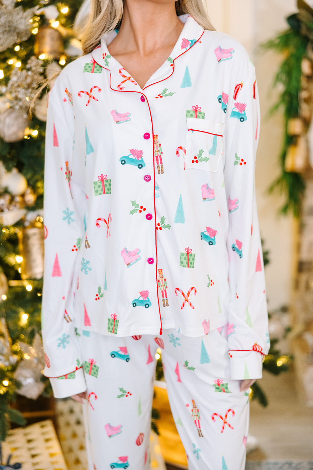 White Christmas Print Lapel Shirt and Pants Pajama Set - LODIMAE FASHION 