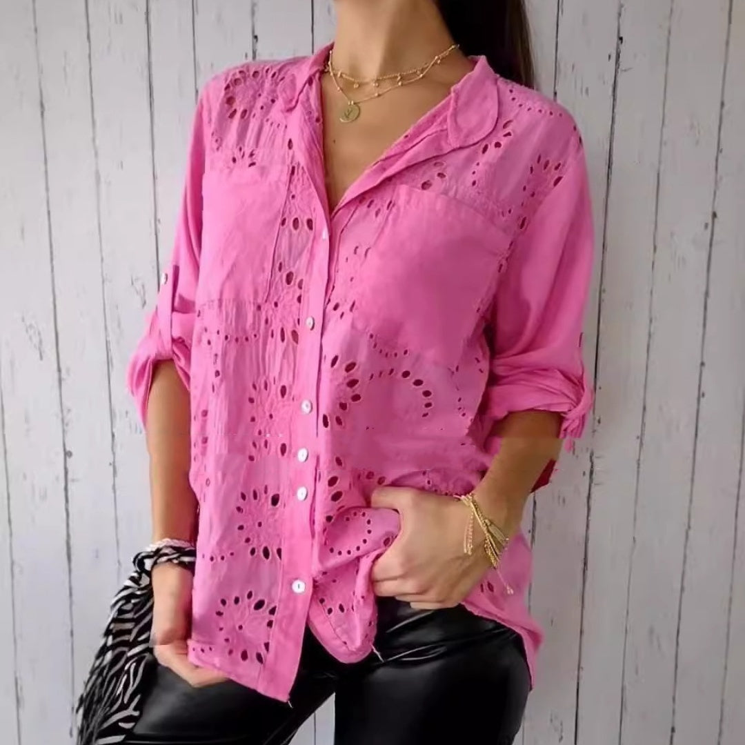 Women's Casual Hollow-out Design Pocket Long Sleeve Button-down Shirt - LODIMAE FASHION 