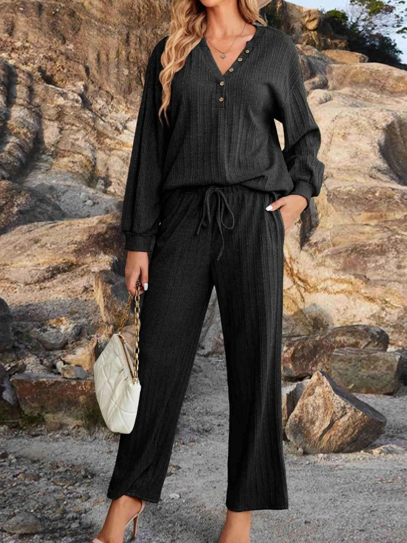 Ribbed Knit Top and Pants Lounge Set with Button Detail - LODIMAE FASHION 