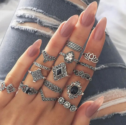15-Piece Vintage Ring Set – Boho Alloy Stackable Rings for Women - LODIMAE FASHION 