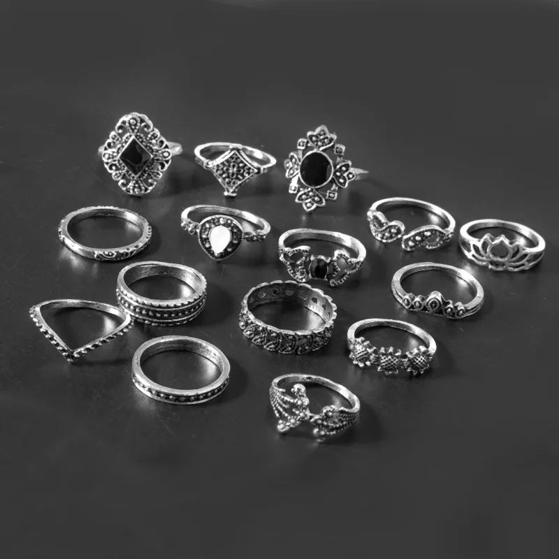 15-Piece Vintage Ring Set – Boho Alloy Stackable Rings for Women - LODIMAE FASHION 