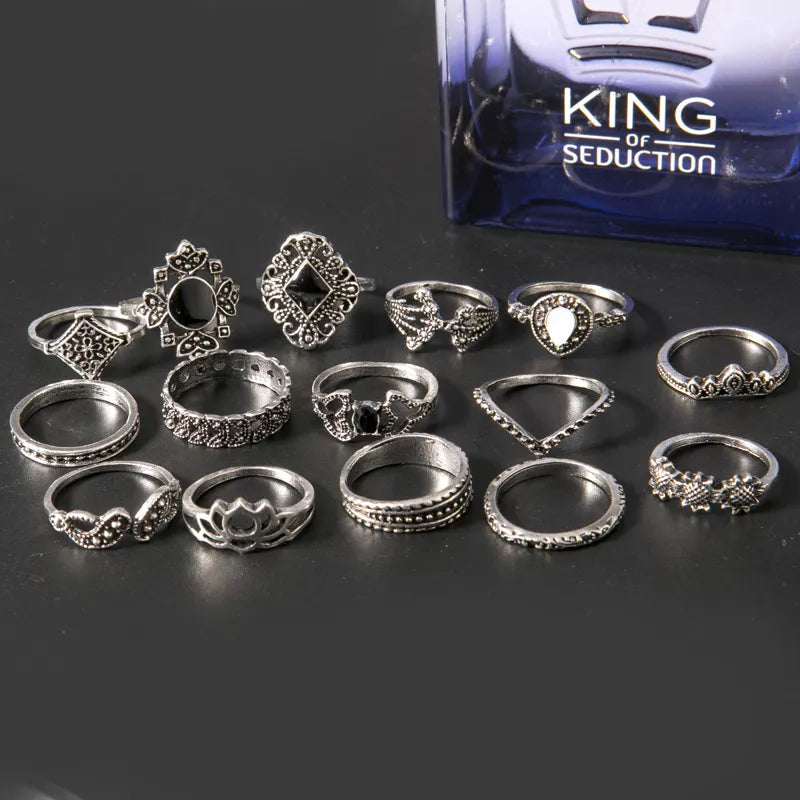 15-Piece Vintage Ring Set – Boho Alloy Stackable Rings for Women - LODIMAE FASHION 