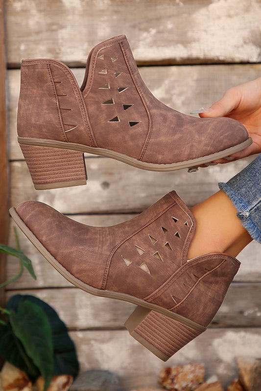 Cut Out Suede Pointed Toe Heeled Ankle Boots - LODIMAE FASHION 