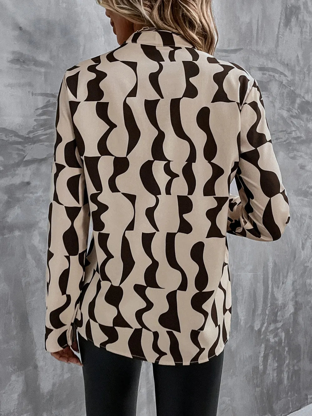 Printed Notched Long Sleeve Blouse - LODIMAE FASHION 