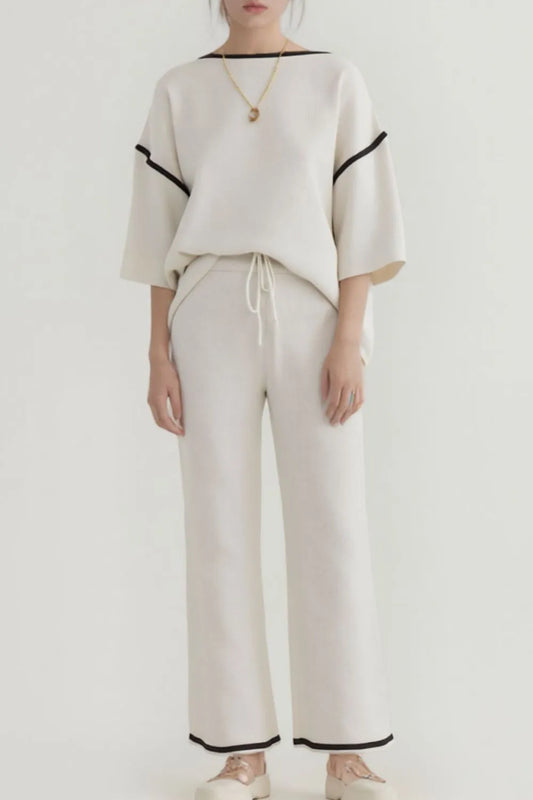 Contrast Trim Round Neck Top and Pants Set - LODIMAE FASHION 
