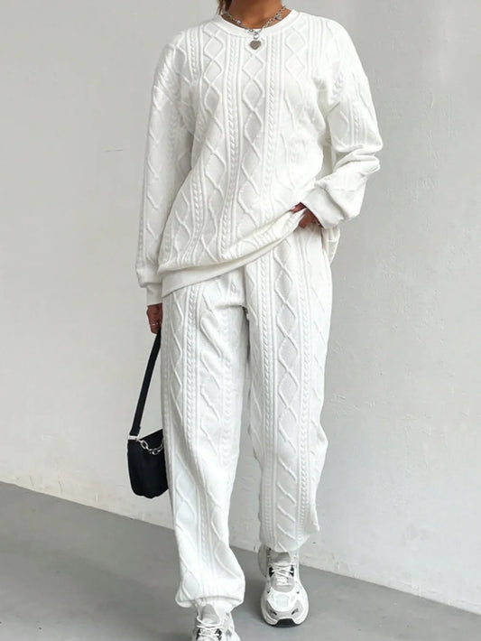 Texture Round Neck Top and Pants Set - LODIMAE FASHION 
