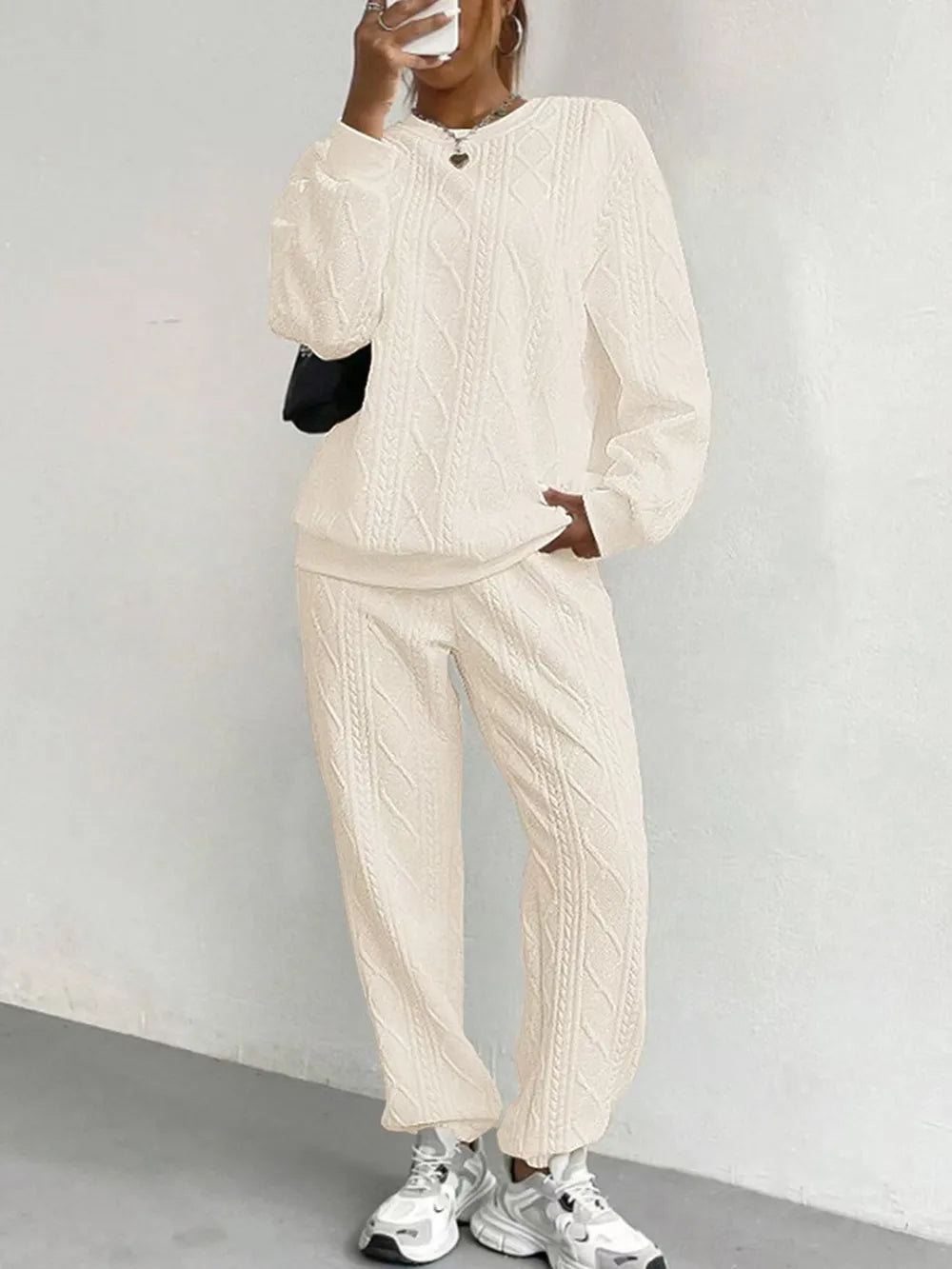 Texture Round Neck Top and Pants Set - LODIMAE FASHION 