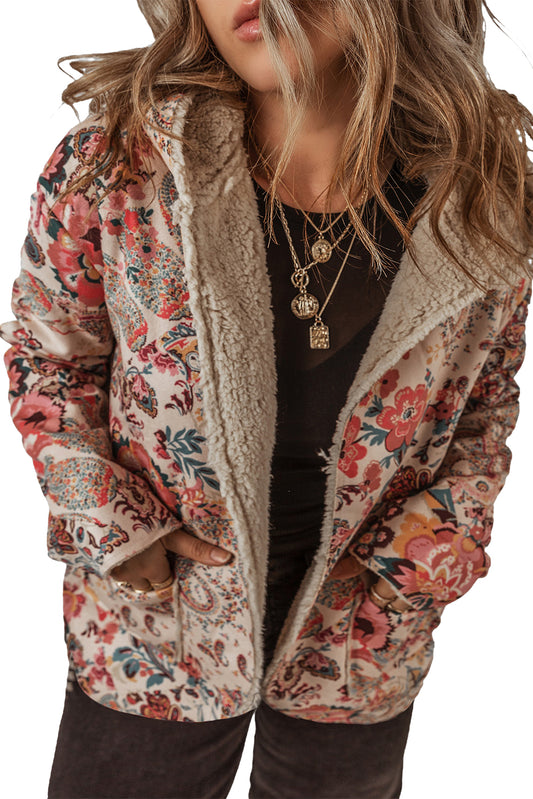 Vintage Paisley Floral Printed Sherpa Lined Hooded Jacket - LODIMAE FASHION 