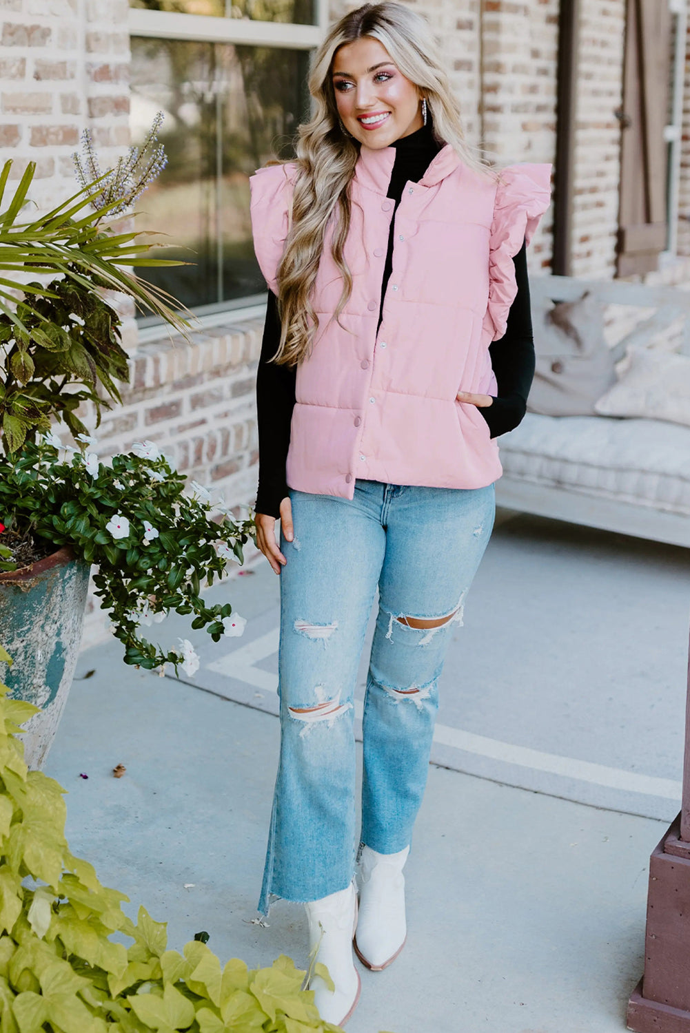 Pink Stand Neck Flutter Sleeve Snap Button Puffer Vest - LODIMAE FASHION 