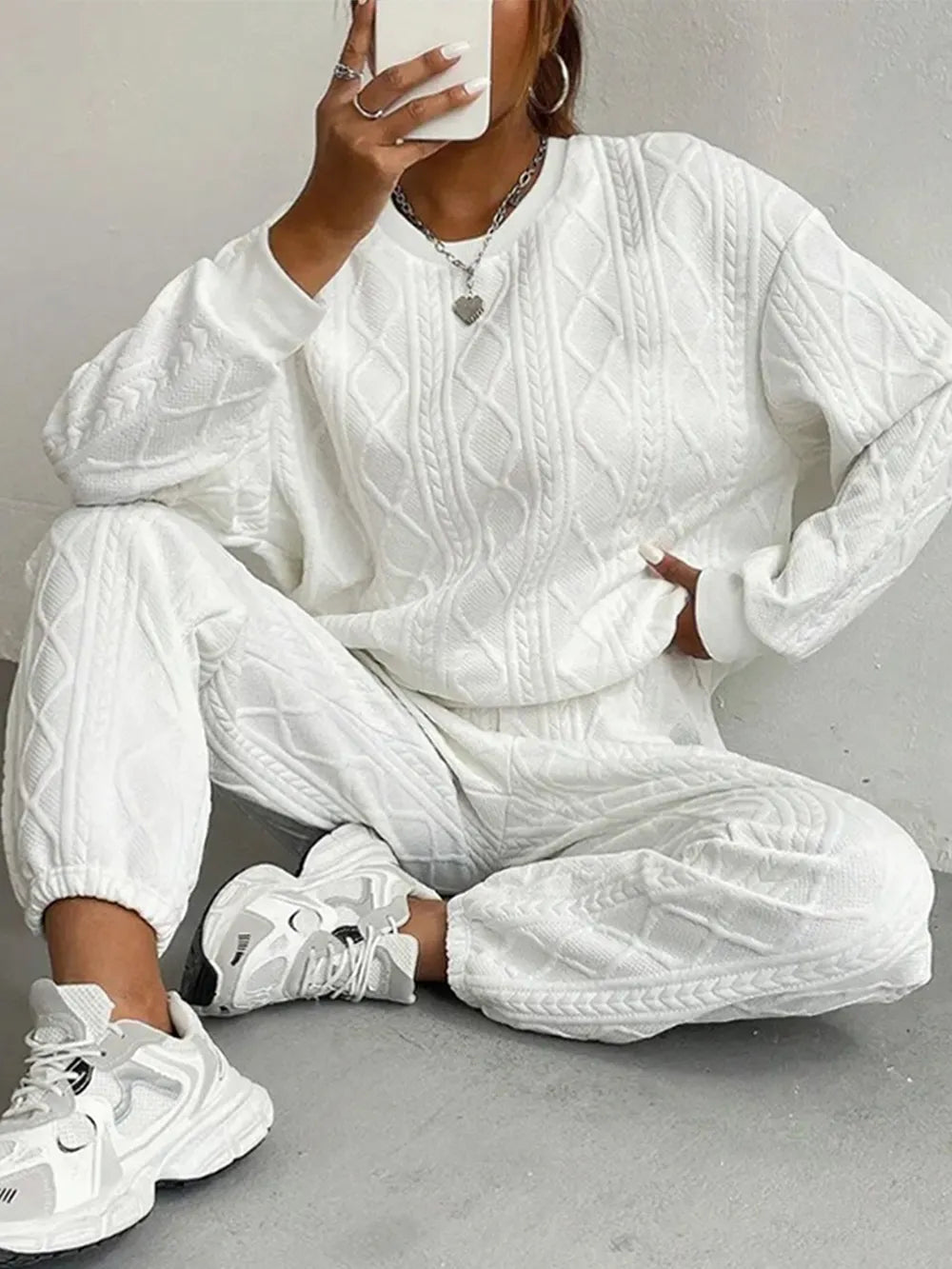 Texture Round Neck Top and Pants Set - LODIMAE FASHION 