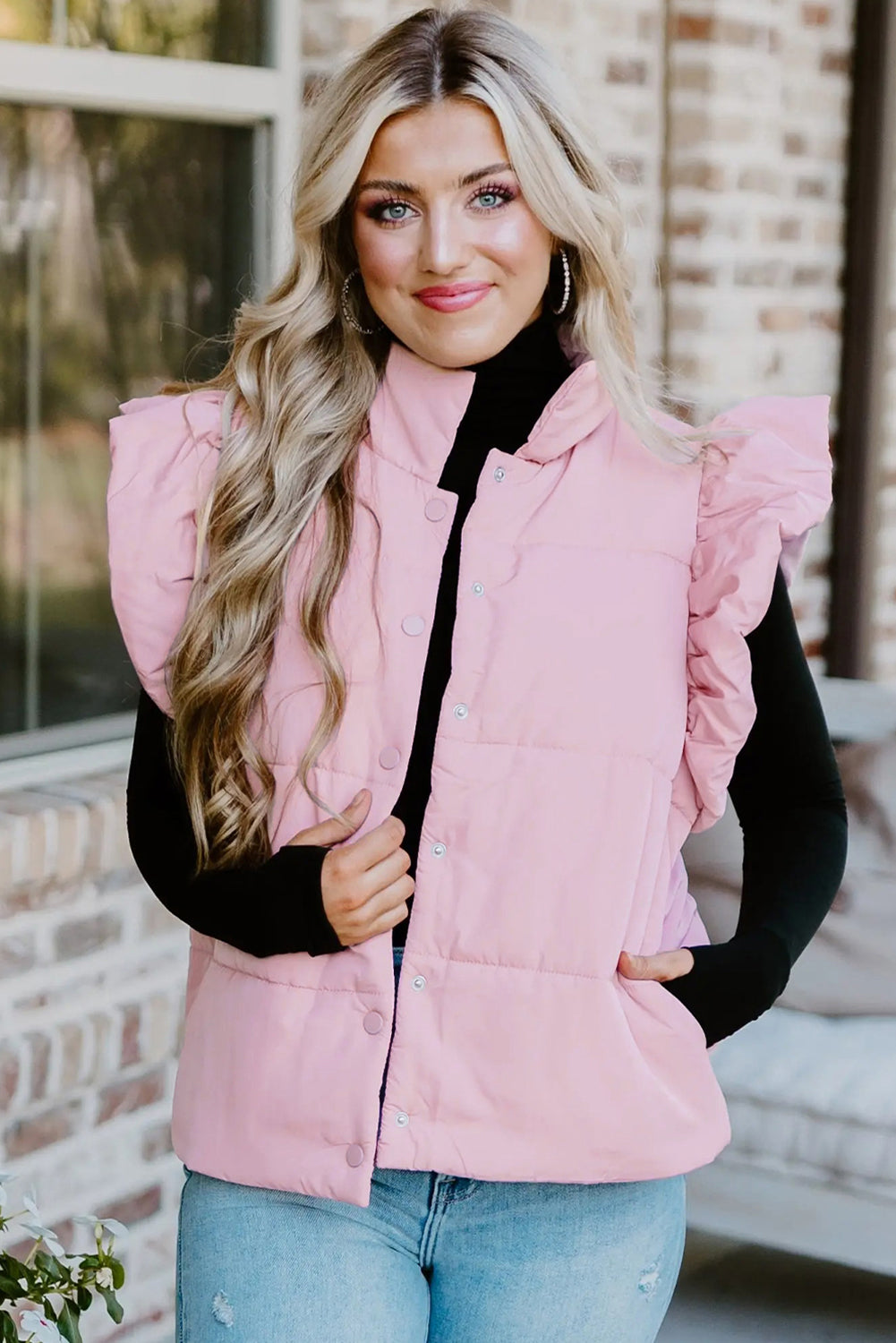 Pink Stand Neck Flutter Sleeve Snap Button Puffer Vest - LODIMAE FASHION 
