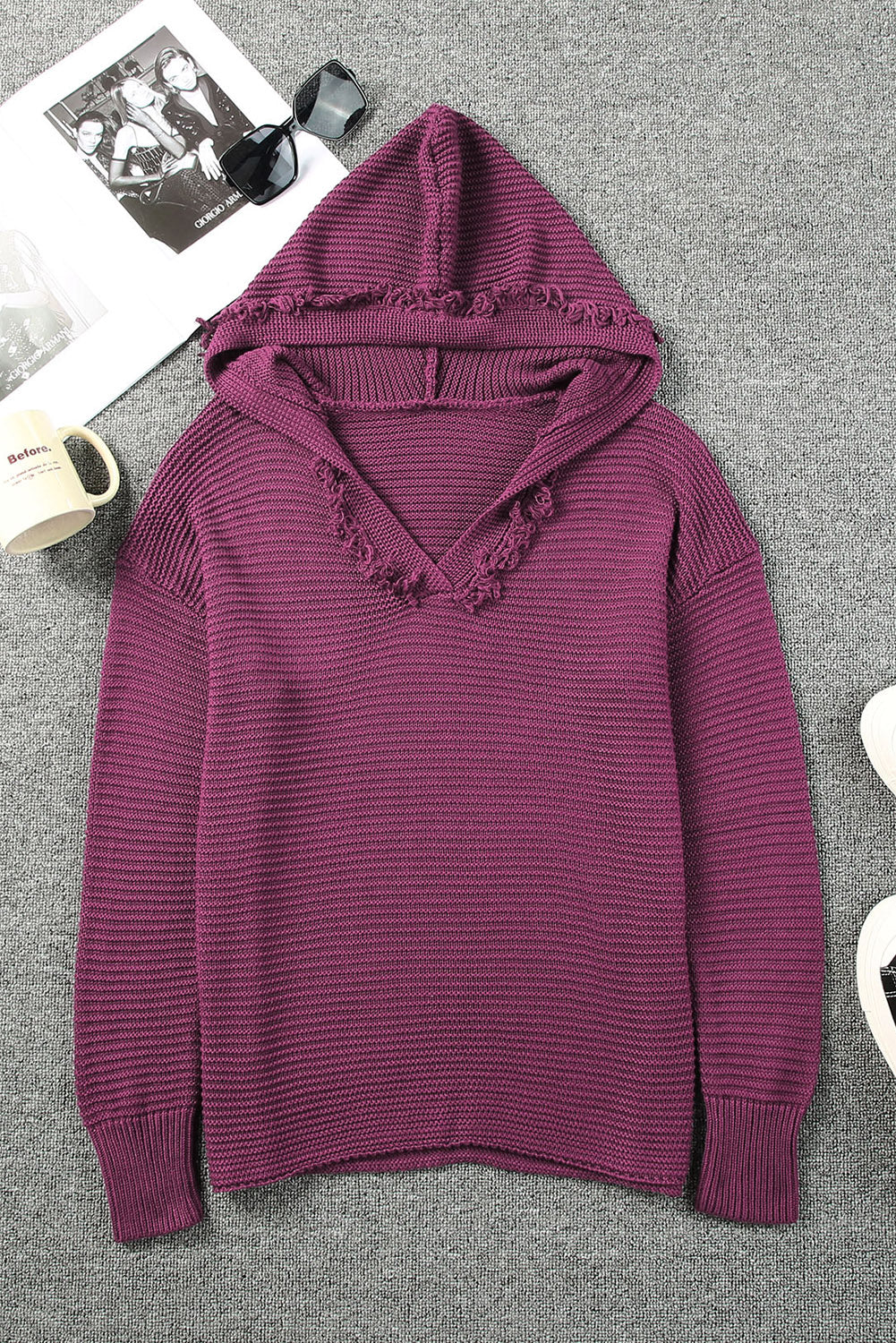 Black Split V Neck Pullover Knit Hooded Sweater - LODIMAE FASHION 