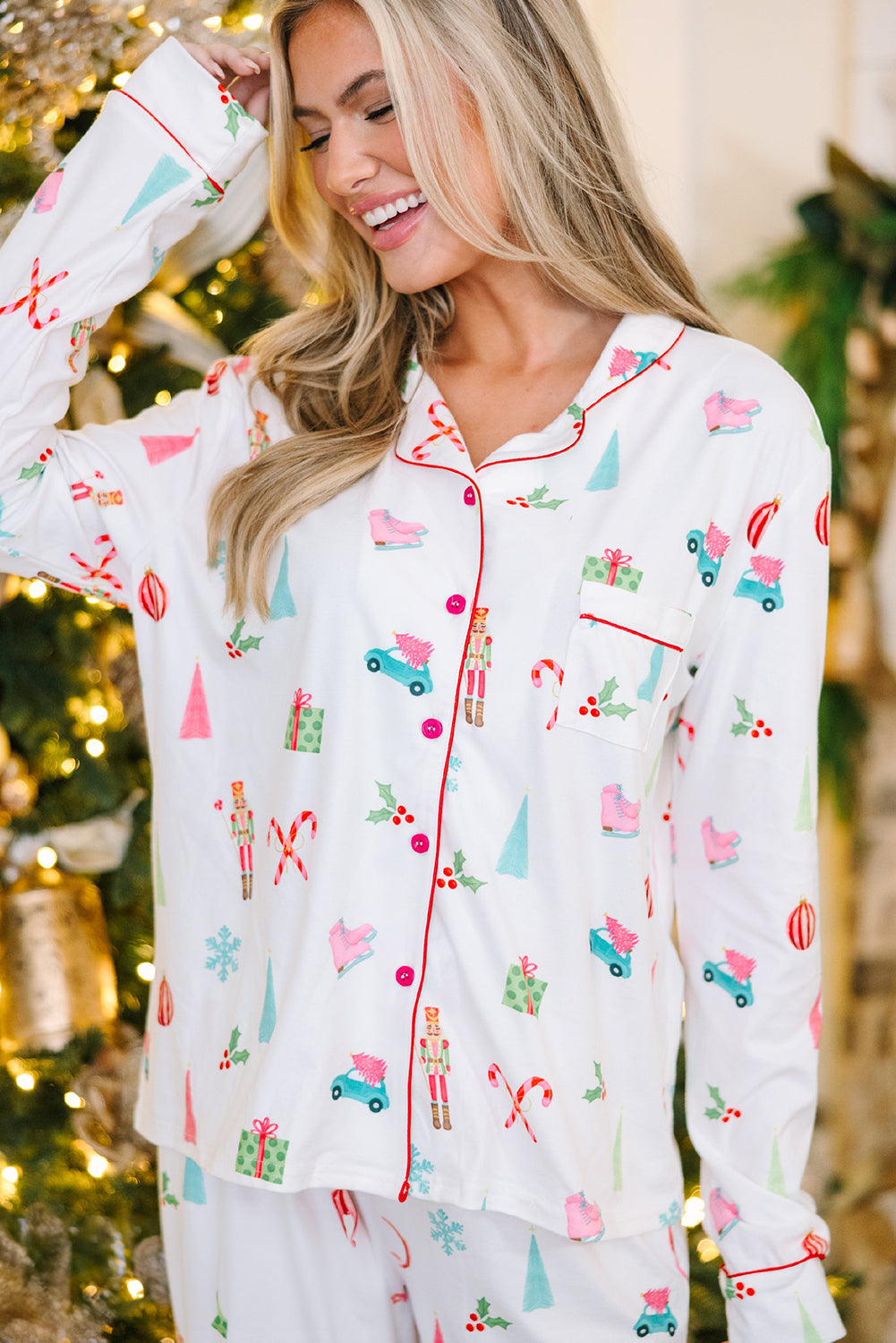 White Christmas Print Lapel Shirt and Pants Pajama Set - LODIMAE FASHION 