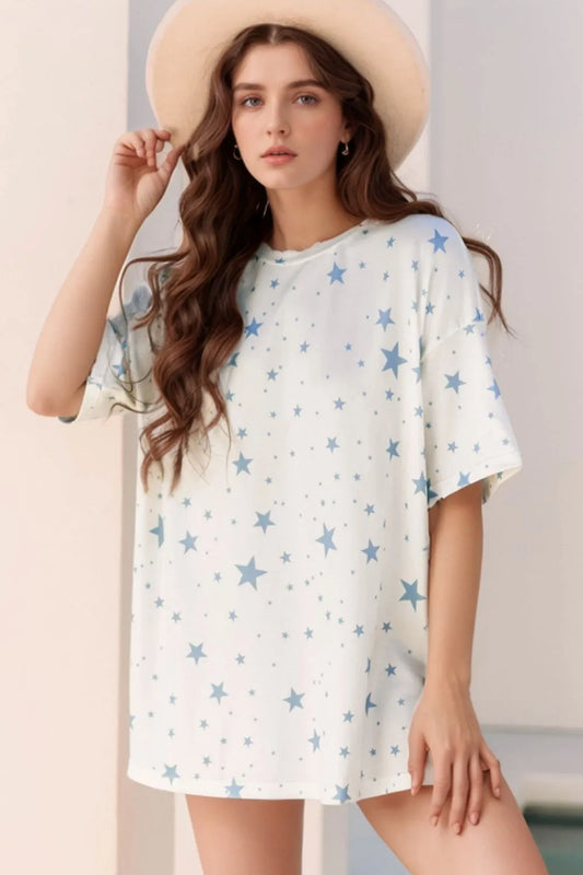 Stars Print Drop Shoulder Oversized T Shirt with Slits - LODIMAE FASHION 
