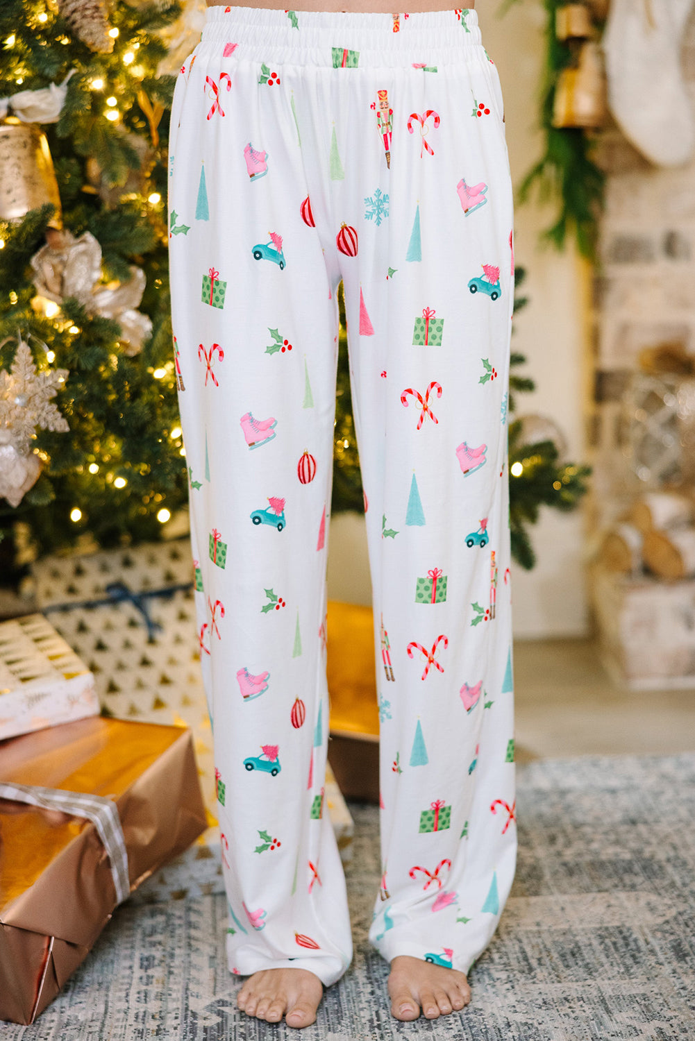 White Christmas Print Lapel Shirt and Pants Pajama Set - LODIMAE FASHION 