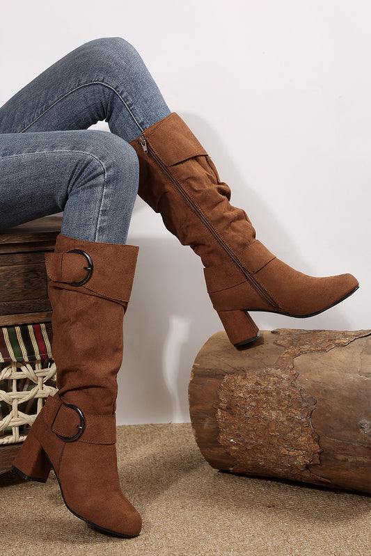 Coffee Suede Double Buckled Side Zipped Mid-calf Boots - LODIMAE FASHION 