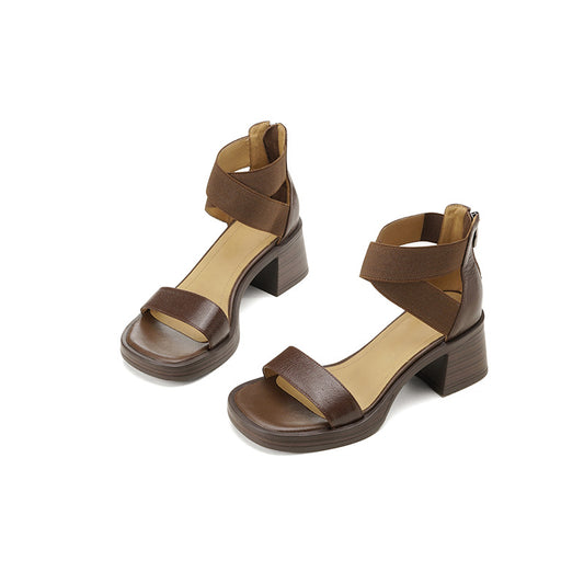 Leather thick-heeled one-strap sandals, high-heeled anti-platform thick-soled sandals, women's shoes, retro style soft soles - LODIMAE FASHION 