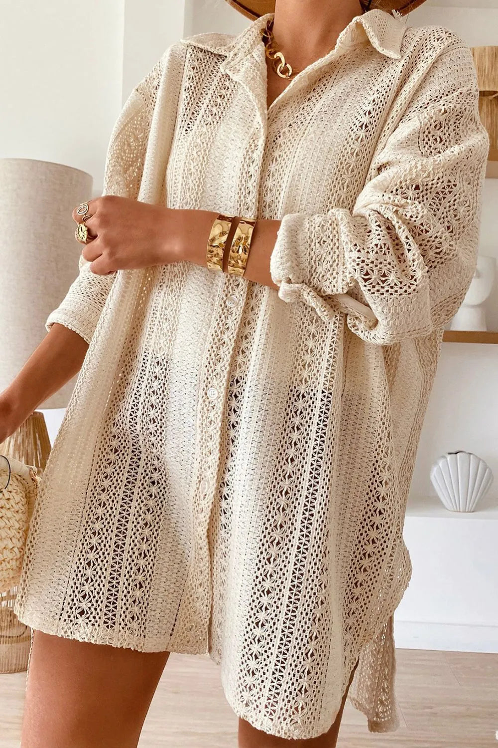 Lace Crochet Collared Neck Oversized Shirt - LODIMAE FASHION 