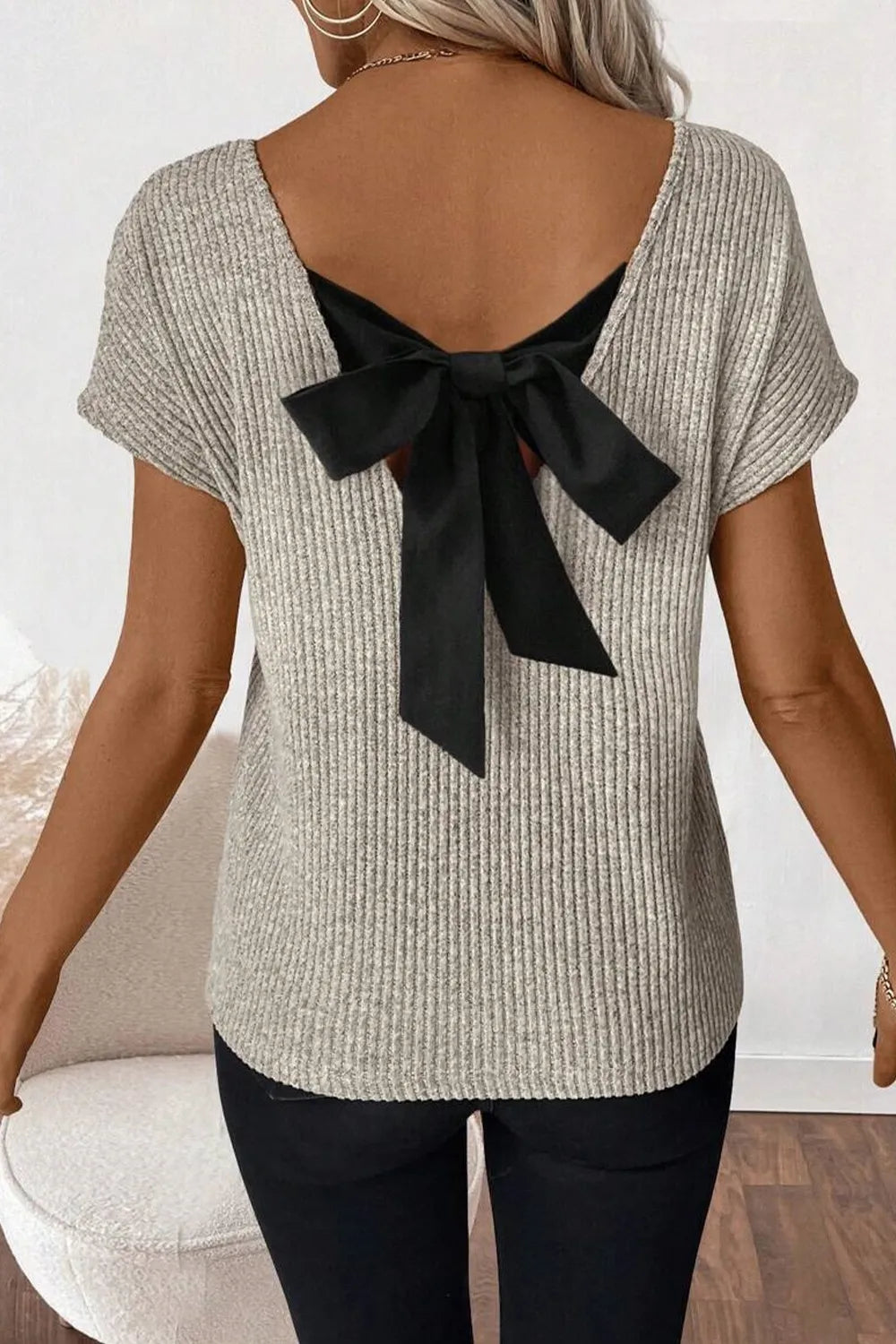 Back Bow Tie Ribbed Knit Top - LODIMAE FASHION 