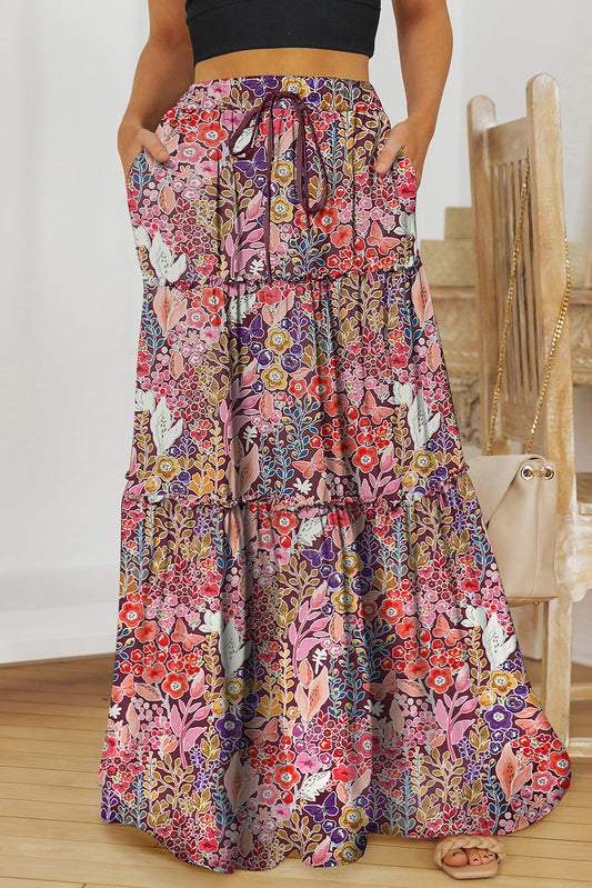 Floral Frill Trim Tiered Maxi Skirt - LODIMAE FASHION 