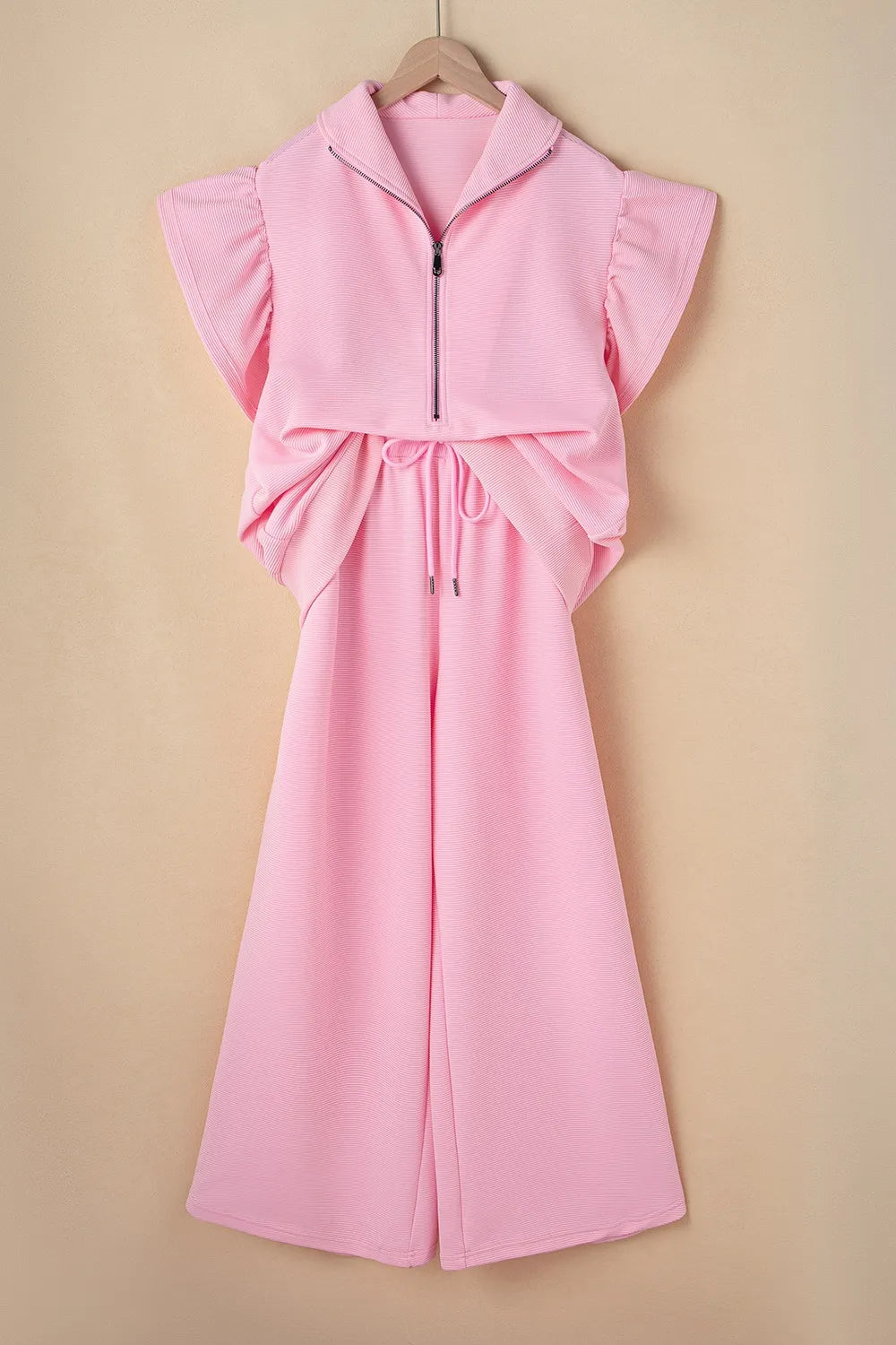 Textured Ruffled Sleeve Zipped Top and Wide Leg Pants Set - LODIMAE FASHION 
