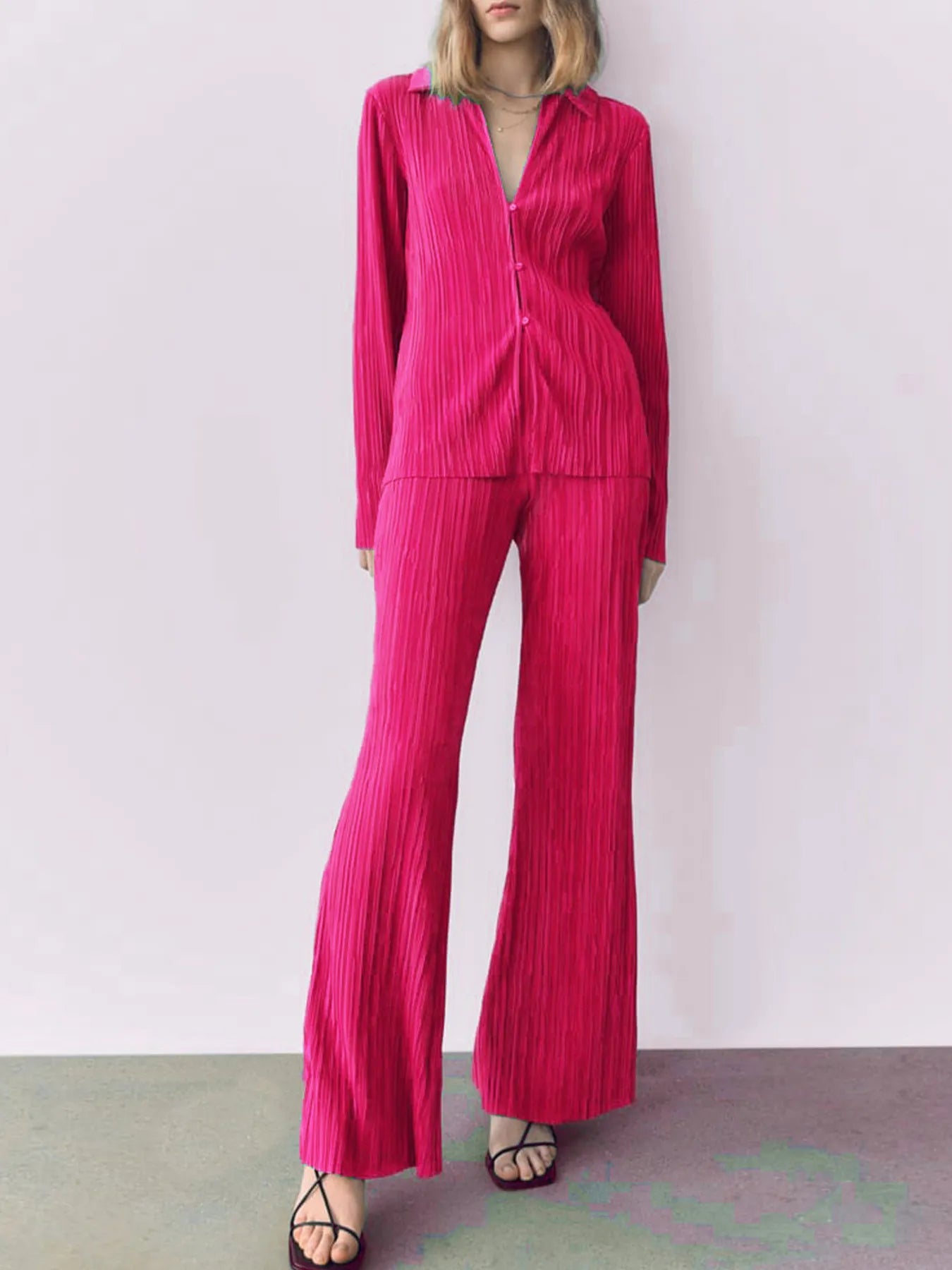 Texture Long Sleeve Top and Pants Lounge Set - LODIMAE FASHION 