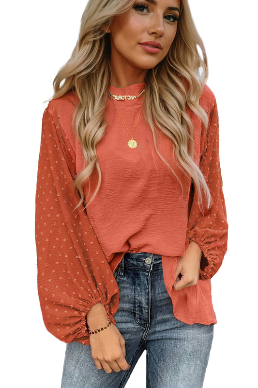 Russet Orange Swiss Dot Balloon Sleeve Patchwork Crinkle Blouse - LODIMAE FASHION 