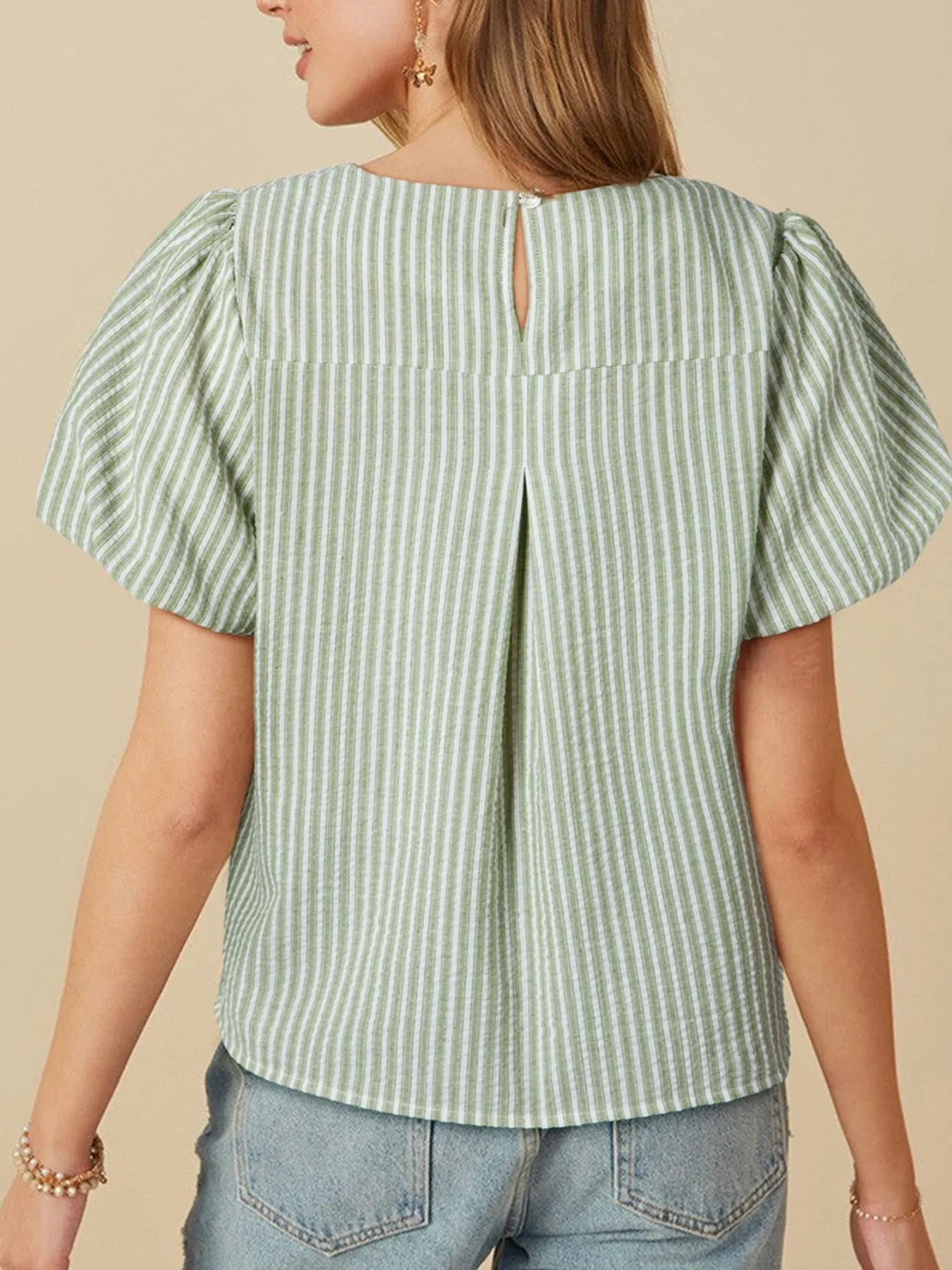 Stripe Textured Round Neck Short Puff Sleeve Blouse - LODIMAE FASHION 