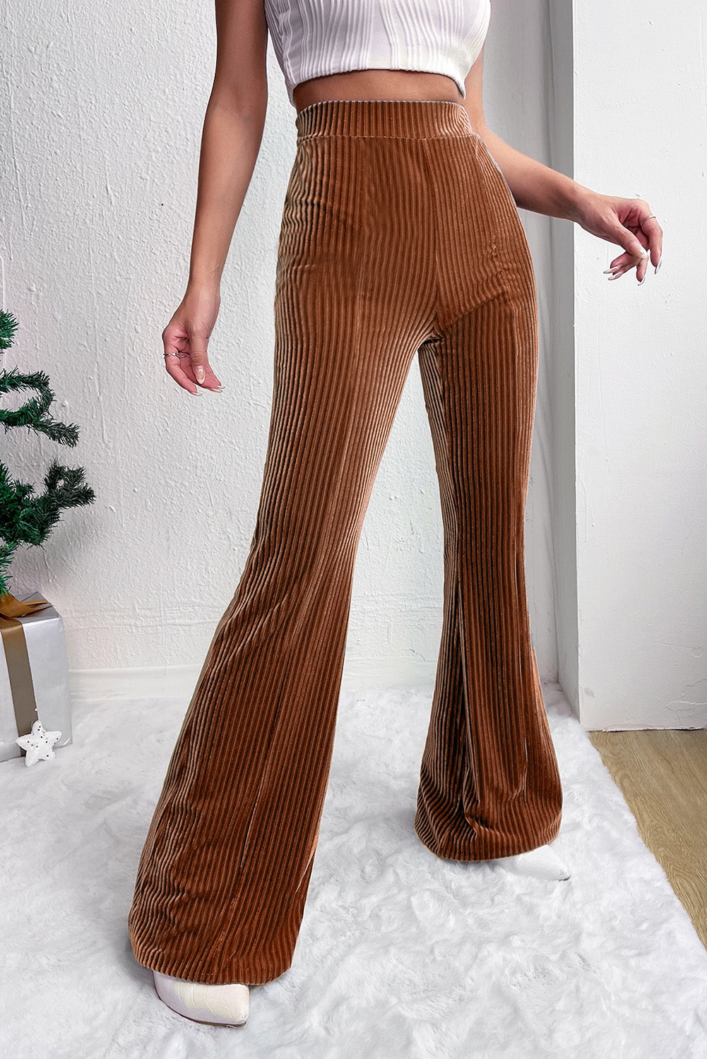 Chestnut Solid Color High Waist Corduroy Flare Pants - LODIMAE FASHION 