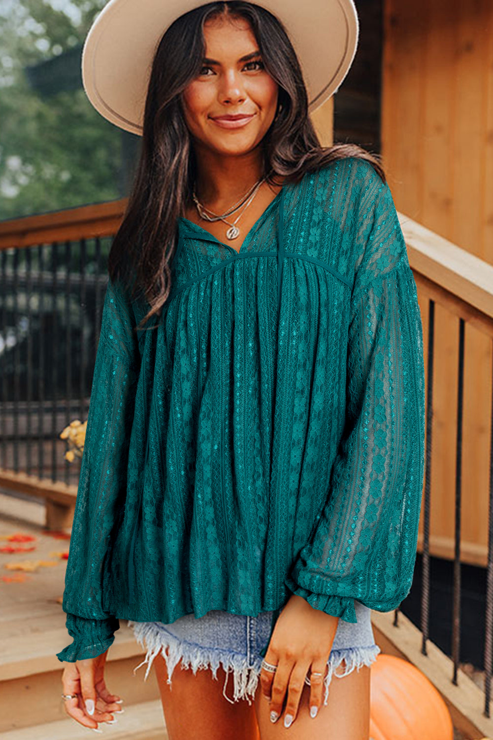 Evergreen Sheer Lace Balloon Sleeve Babydoll Blouse - LODIMAE FASHION 