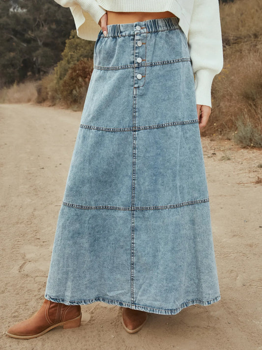 Button-Front Tiered Maxi Denim Skirt - LODIMAE FASHION 