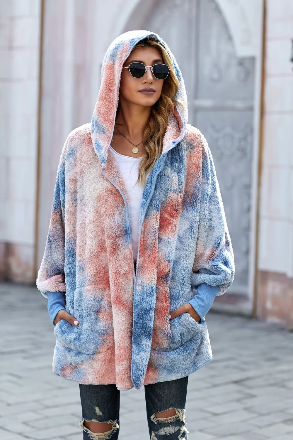 Tie-Dye Plush Hooded Jacket with Pockets - LODIMAE FASHION 