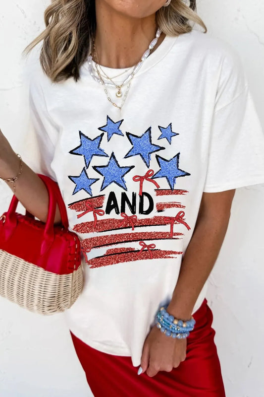 Stars and Stripes Bow Graphic T Shirt - LODIMAE FASHION 