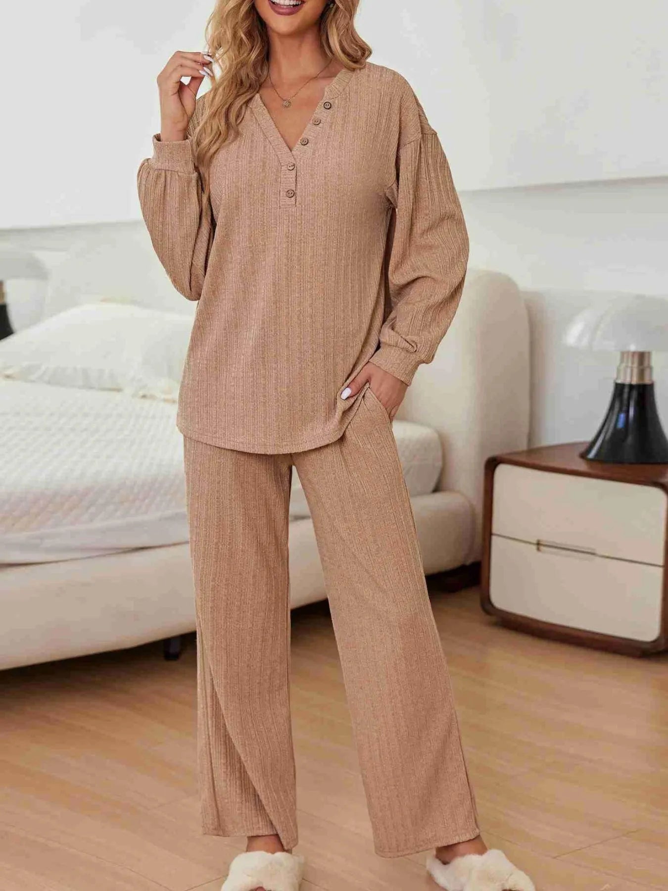 Ribbed Knit Top and Pants Lounge Set with Button Detail - LODIMAE FASHION 
