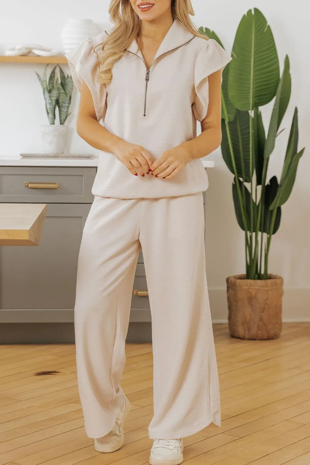 Textured Ruffled Sleeve Zipped Top and Wide Leg Pants Set - LODIMAE FASHION 