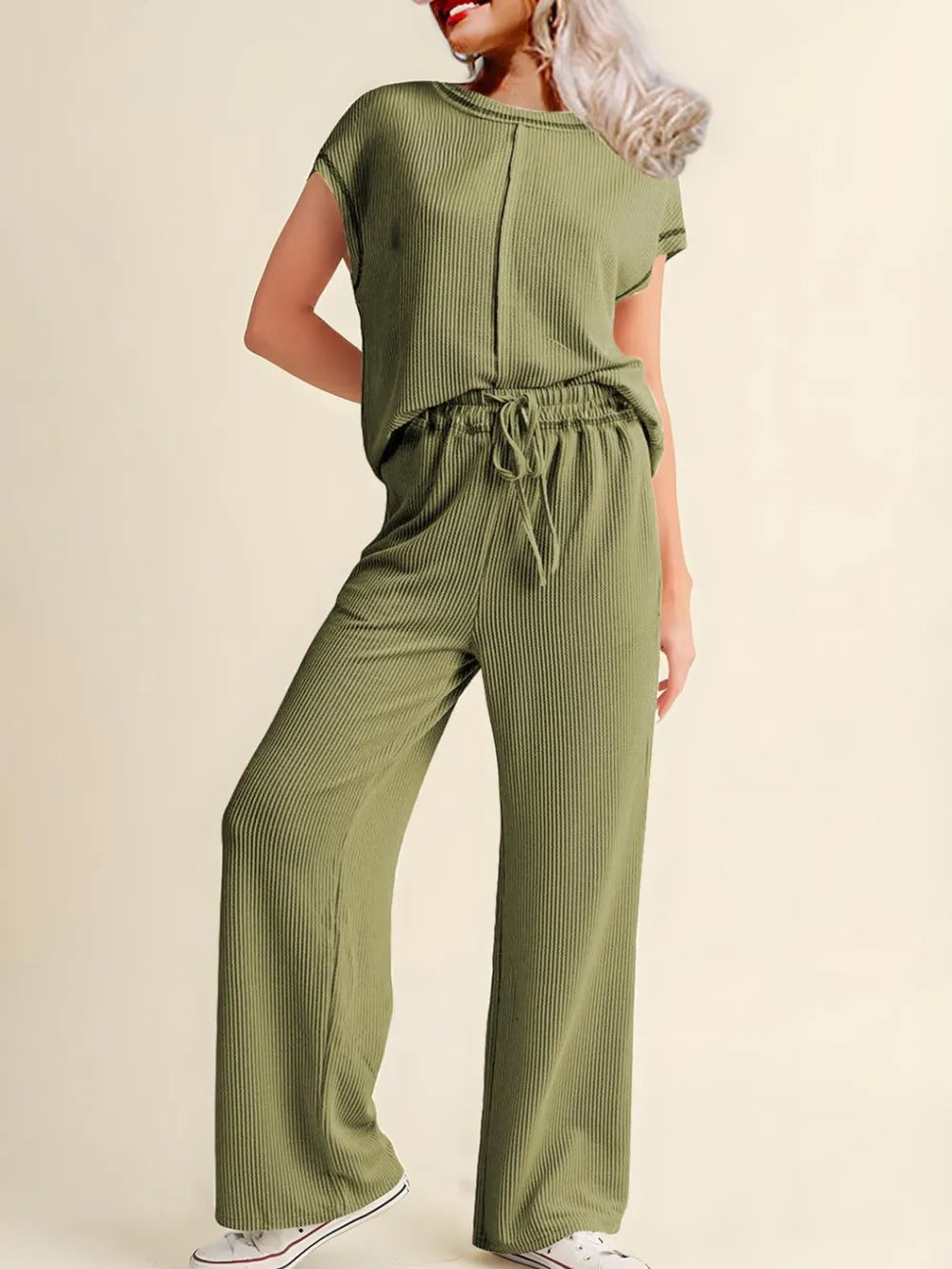 Ribbed Exposed Seam Top and Pants Set - LODIMAE FASHION 
