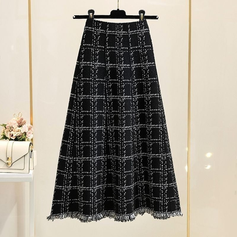Fringed checkered skirt for women, high-waisted umbrella skirt for autumn and winter, elegant mid-length A-line knitted large hem skirt, versatile and slimming - LODIMAE FASHION 