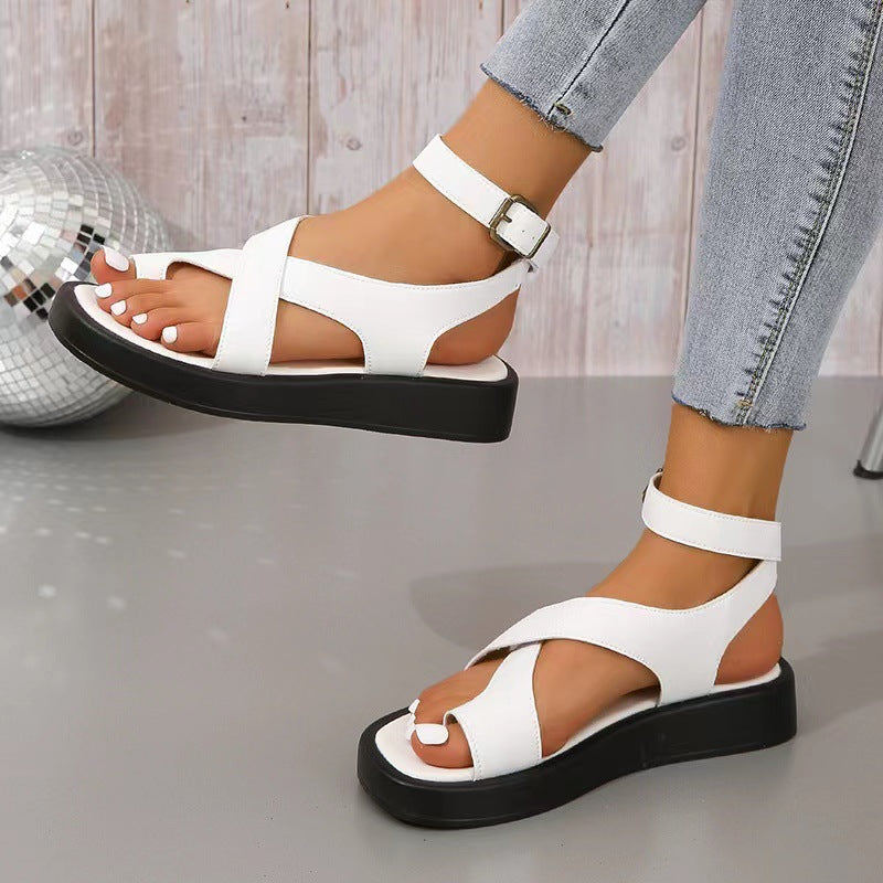 Women's sandals, size 24, polyurethane thick-soled casual style, worn outside with toe loops and les - LODIMAE FASHION 