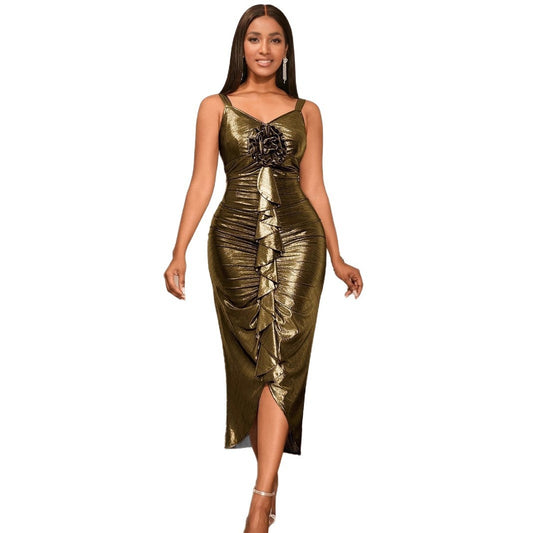 Female Solid Color Summer Sling Golden Party Dress - LODIMAE FASHION 