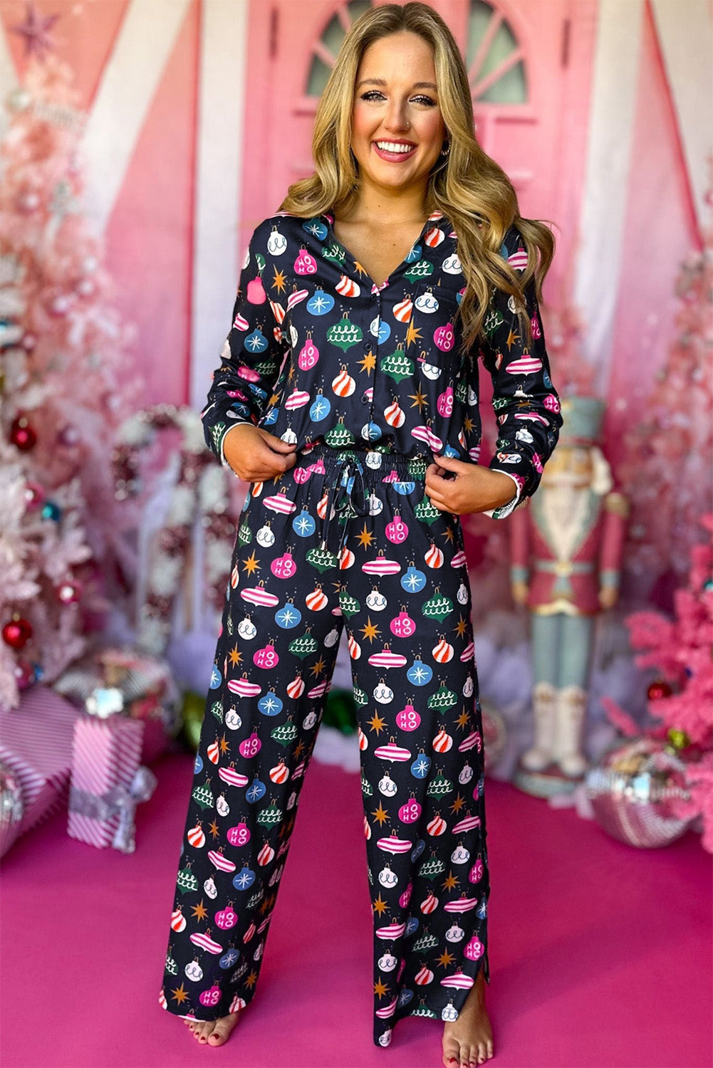 Navy Blue Colorful Christmas Lights Print Pajama Set - LODIMAE FASHION 