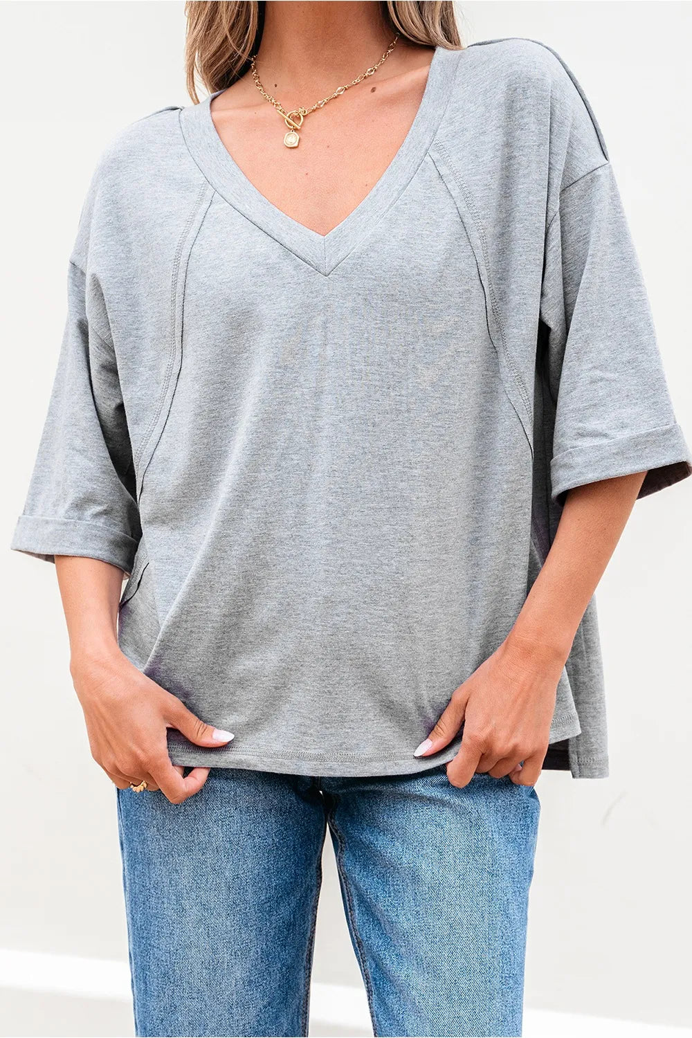 High Raglan Half Sleeve V Neck Oversized T Shirt - LODIMAE FASHION 