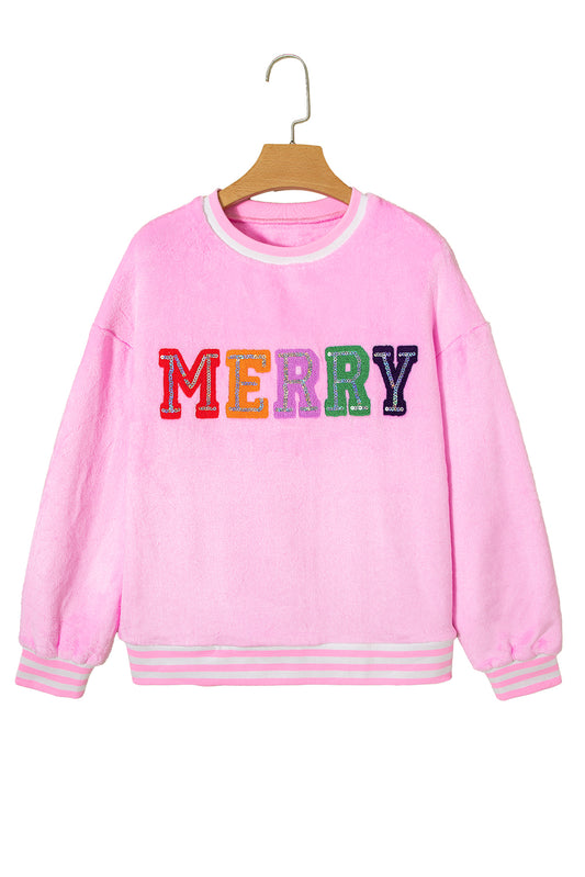 Sachet Pink Merry Letter Pattern Plush Pullover - LODIMAE FASHION 