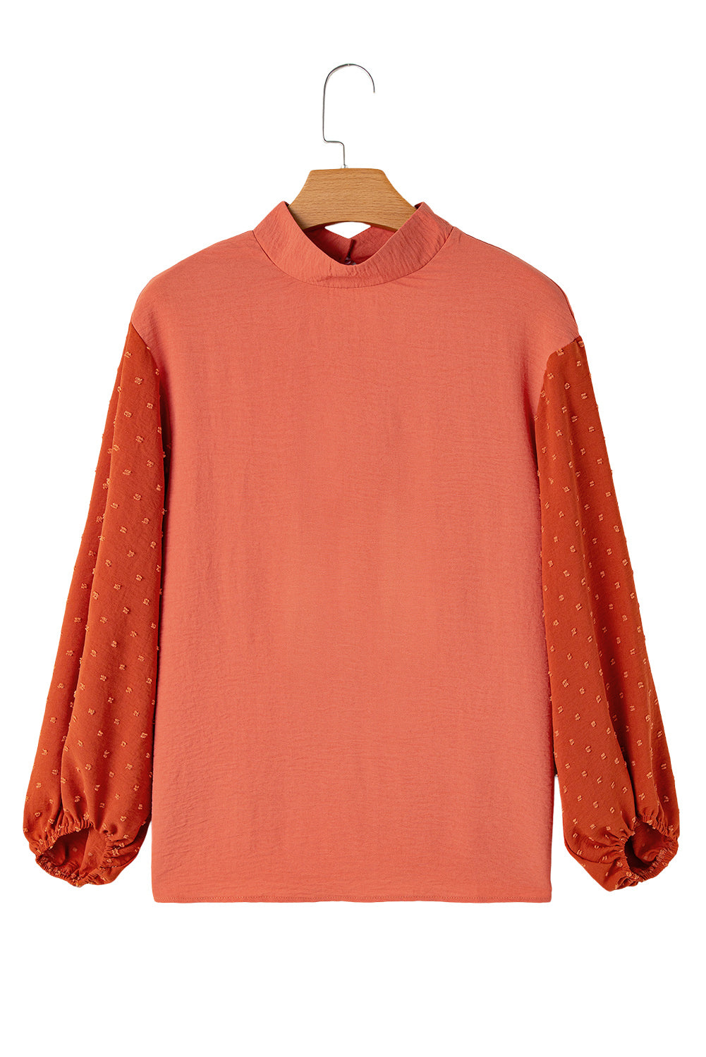 Russet Orange Swiss Dot Balloon Sleeve Patchwork Crinkle Blouse - LODIMAE FASHION 